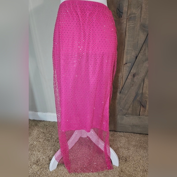 SINCERLY JULES mesh Fishnet Sequin Midi Skirt In Hot Pink. Size Med NWT - Picture 15 of 16